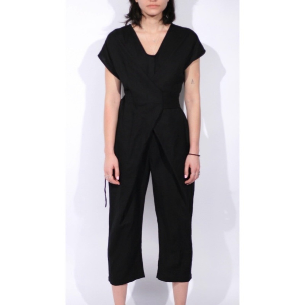 Rujuta Sheth Black Linen Blend Short Sleeve Wrap Jumpsuit XS